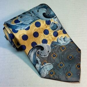 Men’s Tie Palace Silk Polka Dot & Abstract Yellow Blue Screen Print W-4” L-57”